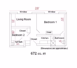 Floor plan of a 672 square feet living space at Evergreen Senior Living, showing two bedrooms, a living room, kitchen, bathroom, half bath, and closets with approximate dimensions.