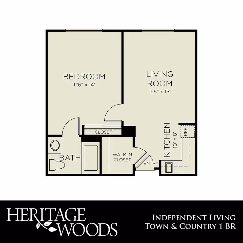 Floor plan of a one-bedroom apartment showing a bedroom, living room, kitchen, bathroom, walk-in closet and entry.
