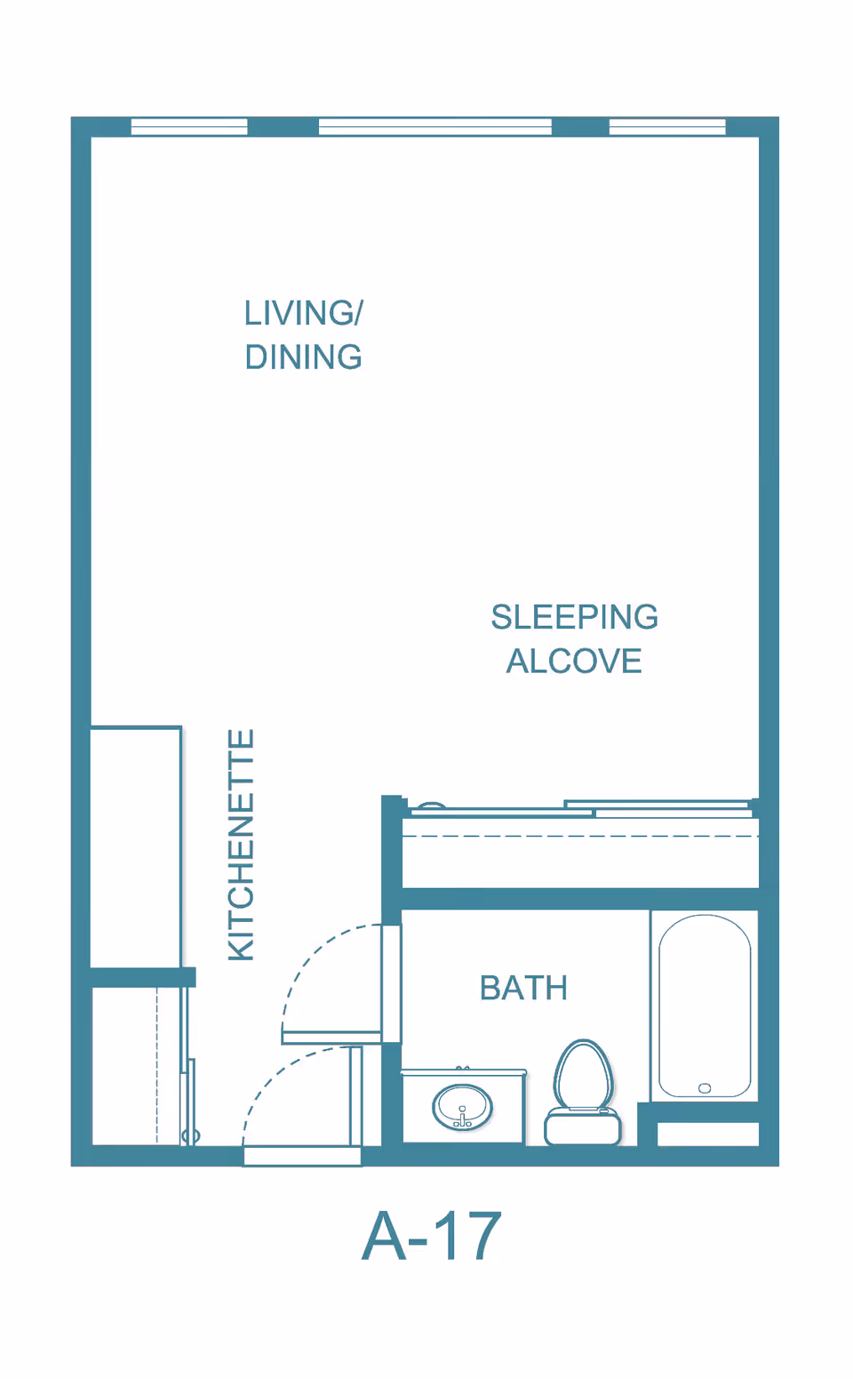 Floor plan labeled A-17 showing a studio layout with a living/dining area, sleeping alcove, kitchenette, and a bathroom with a sink, toilet, and bathtub.