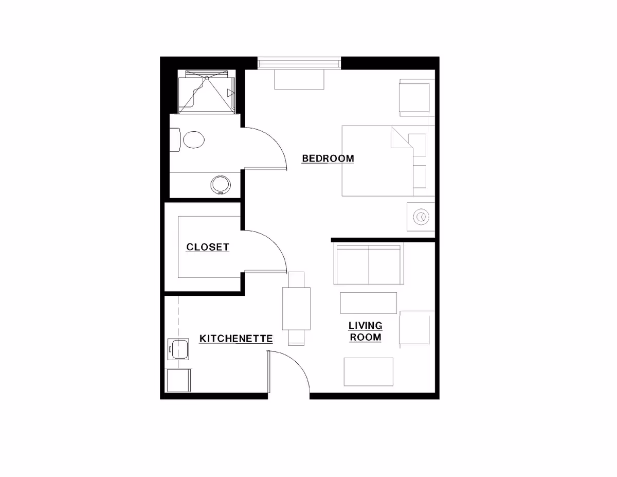 Architectural floor plan of a small living space labeled with bedroom, living room, kitchenette, closet, and bathroom areas.