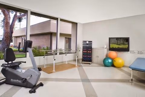 Bright therapy/exercise room with an exercise bike, parallel bars, therapy balls, hand weights, and a treatment table by large windows.