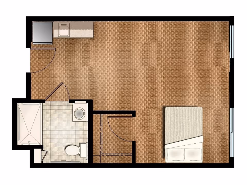 Floor plan of a small assisted living unit featuring a combined living and sleeping area with a bed, a kitchenette with a sink and refrigerator, and a separate bathroom with a shower, toilet, and sink.
