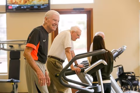 Three elderly individuals exercising on cardio machines in a bright fitness room with large windows and a television mounted on the wall.