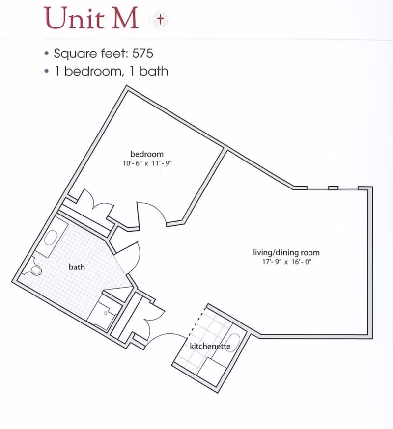 Floor plan of Unit M at Village at the Oaks showing a 575 square feet layout with 1 bedroom, 1 bath, a living/dining room, and a kitchenette.