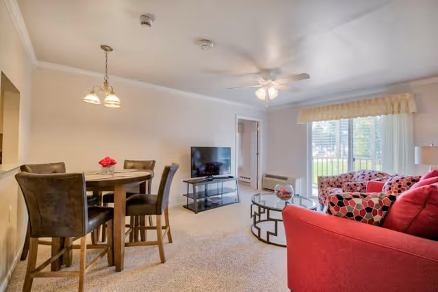 A bright living room and dining area with beige walls and carpet. The dining area features a round wooden table with four dark brown chairs and a small vase with red flowers. The living room has a red sofa and a patterned armchair with red, black, and white cushions. A glass coffee table with a decorative bowl is in front of the sofa. A flat-screen TV is on a black stand against the wall. Large windows with sheer curtains allow natural light to fill the room.