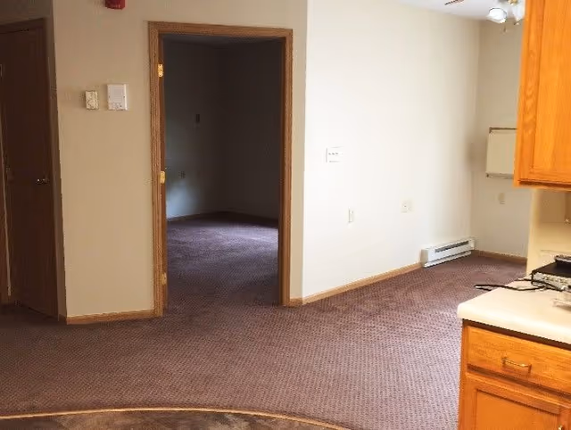 Carpeted interior showing a kitchen counter on the right, an open doorway to a dim bedroom, and an empty living area.
