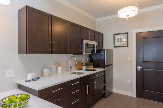 Modern kitchen with dark wood cabinets, white countertops, a stainless steel microwave and refrigerator, a sink with a faucet, and a bowl of green apples on the counter. There is a framed picture on the wall and a dark wooden door in the background.
