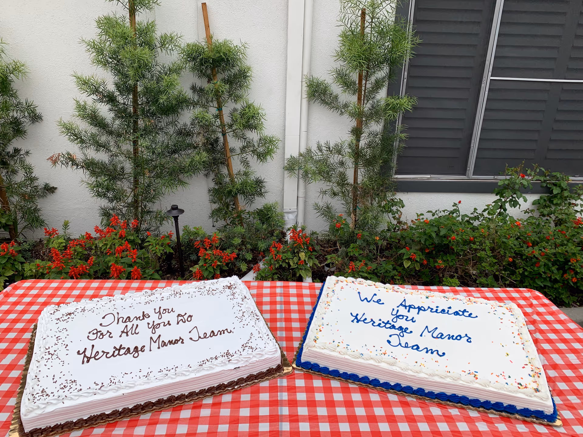Two rectangular cakes on a red and white checkered tablecloth outdoors. One cake has the message 'Thank You For All You Do Heritage Manor Team' written in brown icing, and the other cake says 'We Appreciate You Heritage Manor Team' in blue icing. Behind the table are green plants and a white wall with a window.