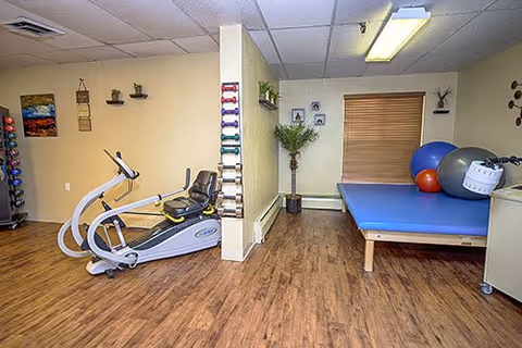 Small interior fitness/therapy room with an exercise machine, hand weights, a padded therapy table with exercise balls, and wood-look flooring.