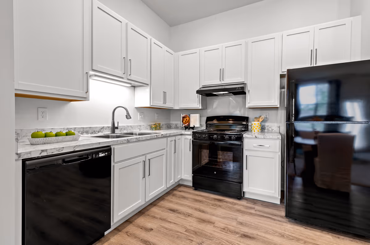Modern kitchen with white cabinets, black appliances including a refrigerator, stove, and dishwasher, a double sink, marble-patterned countertops, and wooden flooring.