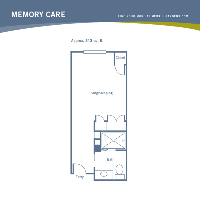 Floor plan layout for a memory care unit at Merrill Gardens, showing an approximate area of 313 square feet. The plan includes an entry, a combined living and sleeping area, a closet, and a bathroom with a shower, sink, and toilet.