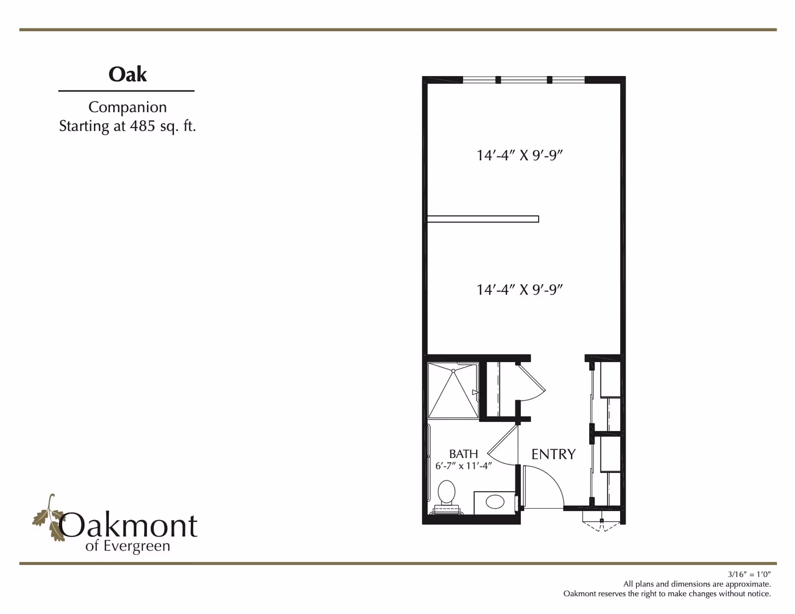 Black-and-white floor plan labeled Oak showing an entry, bathroom, and two rectangular rooms with dimensions, plus Oakmont branding.