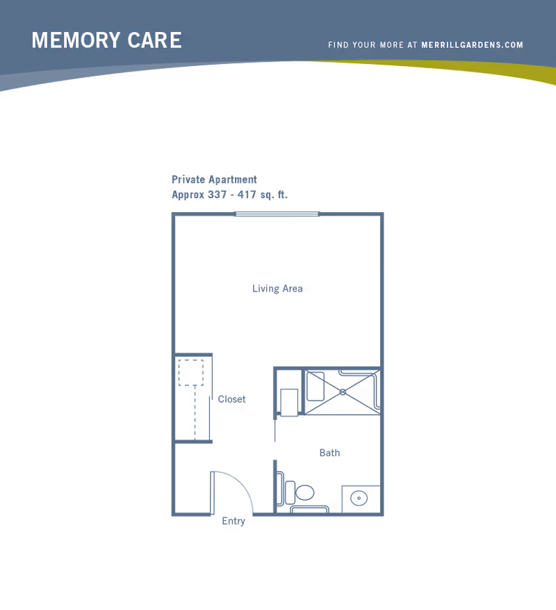 Floor plan of a memory care private apartment at The Pines, A Merrill Gardens Community, showing an entry, closet, living area, and bathroom with approximate size of 337 to 417 square feet.