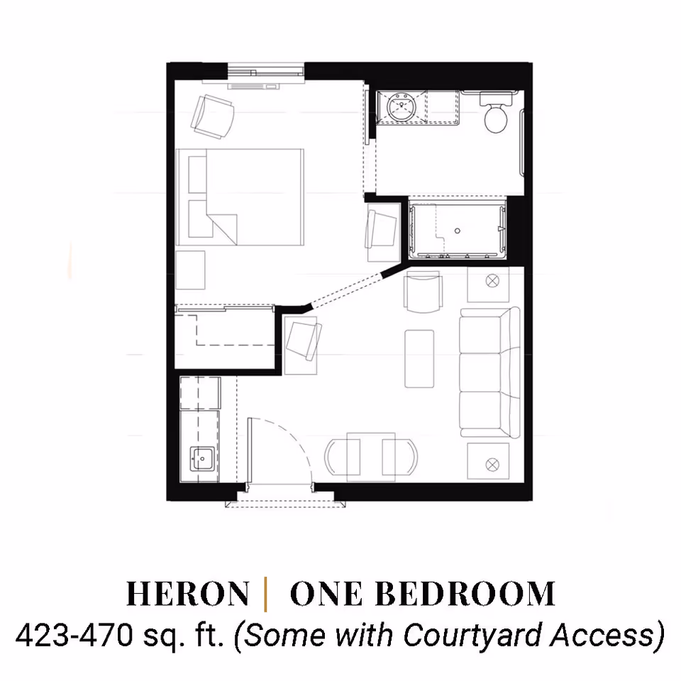 Floor plan layout of a one-bedroom apartment named Heron, showing a bedroom with a bed and chair, a bathroom with a sink, toilet, and shower, a living area with a sofa, two chairs, and a coffee table, and a small kitchen area near the entrance. The total area is 423-470 square feet, with some units having courtyard access.