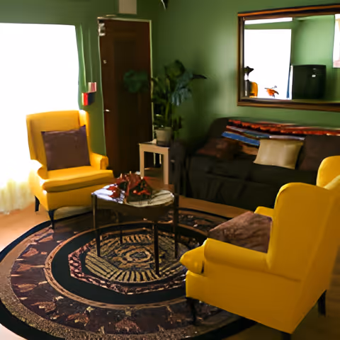 A cozy living room with green walls, featuring two bright yellow armchairs with brown cushions, a dark sofa with multiple pillows, a round patterned rug, a small round coffee table with a decorative centerpiece, a potted plant on a small side table, and a large mirror on the wall reflecting part of the room.