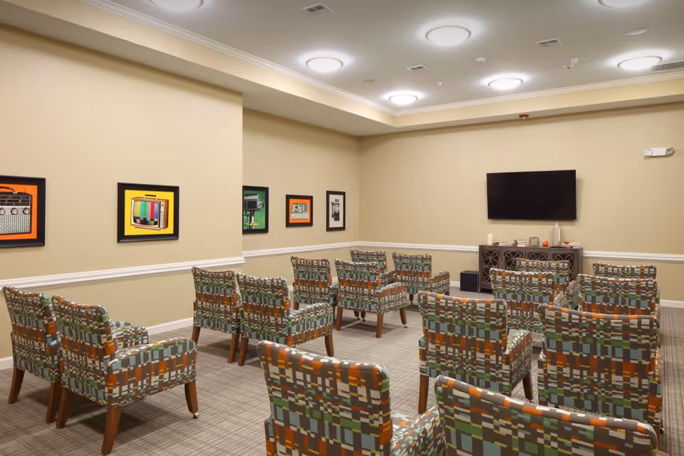 A small theater-style room with patterned armchairs arranged in rows facing a flat-screen TV mounted on a beige wall. The room has framed pictures of vintage electronics on the walls and recessed ceiling lights.