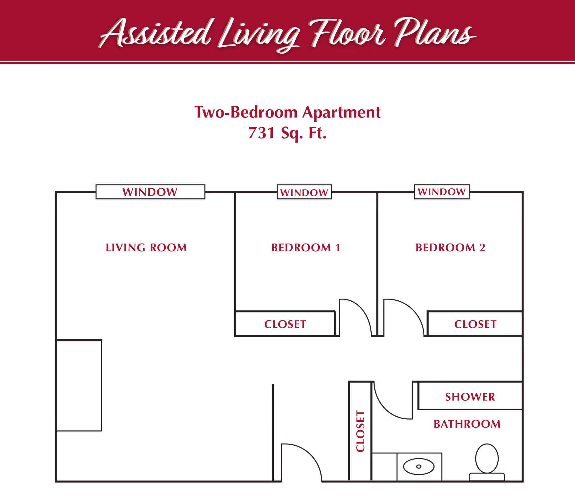 Floor plan of a two-bedroom assisted living apartment with 731 square feet. The layout includes a living room with a window, two bedrooms each with a window and closet, a bathroom with a shower, toilet, and sink, and an additional closet near the entrance.