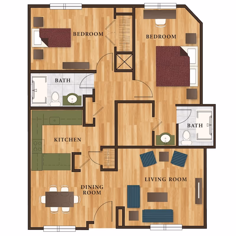 Floor plan of a senior living community apartment showing two bedrooms, two bathrooms, a kitchen, dining room, and living room with furniture layout.