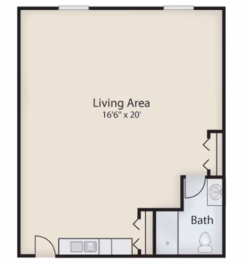 Floor plan of a living area measuring 16 feet 6 inches by 20 feet, with a small kitchen area along one wall and an adjacent bathroom including a shower and toilet.