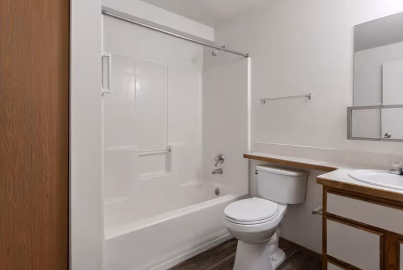 Small bathroom with a bathtub-shower, toilet, sink, mirror, and a wood-accent vanity.