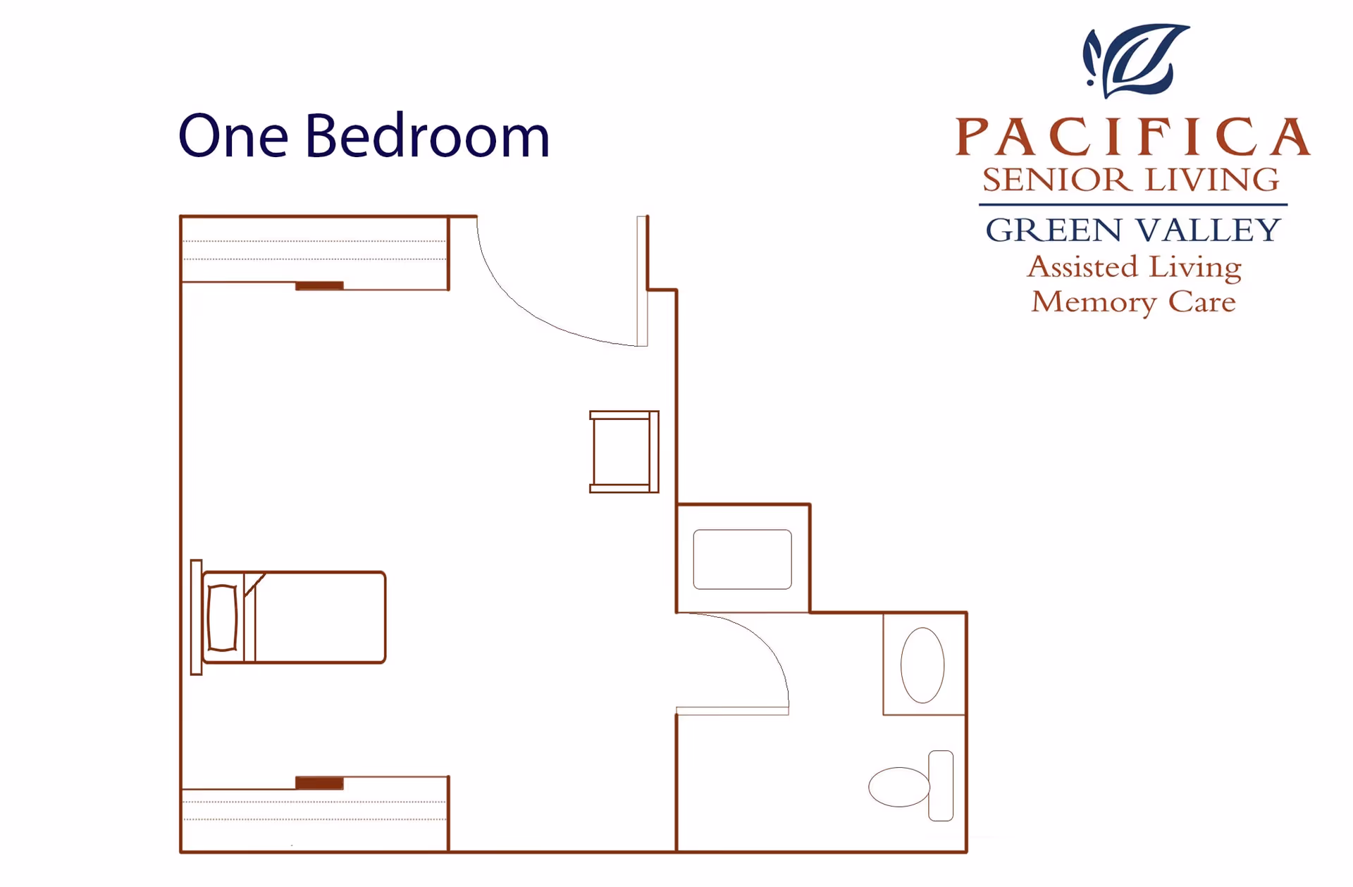 Floor plan layout of a one-bedroom unit at Pacifica Senior Living Green Valley, showing a bedroom with a bed, a small living area, and a bathroom with a toilet and bathtub.