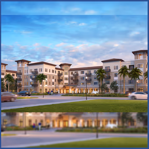 Exterior view of a large, multi-story senior living facility building with palm trees and a well-maintained lawn in front, under a partly cloudy sky during sunset or early evening.