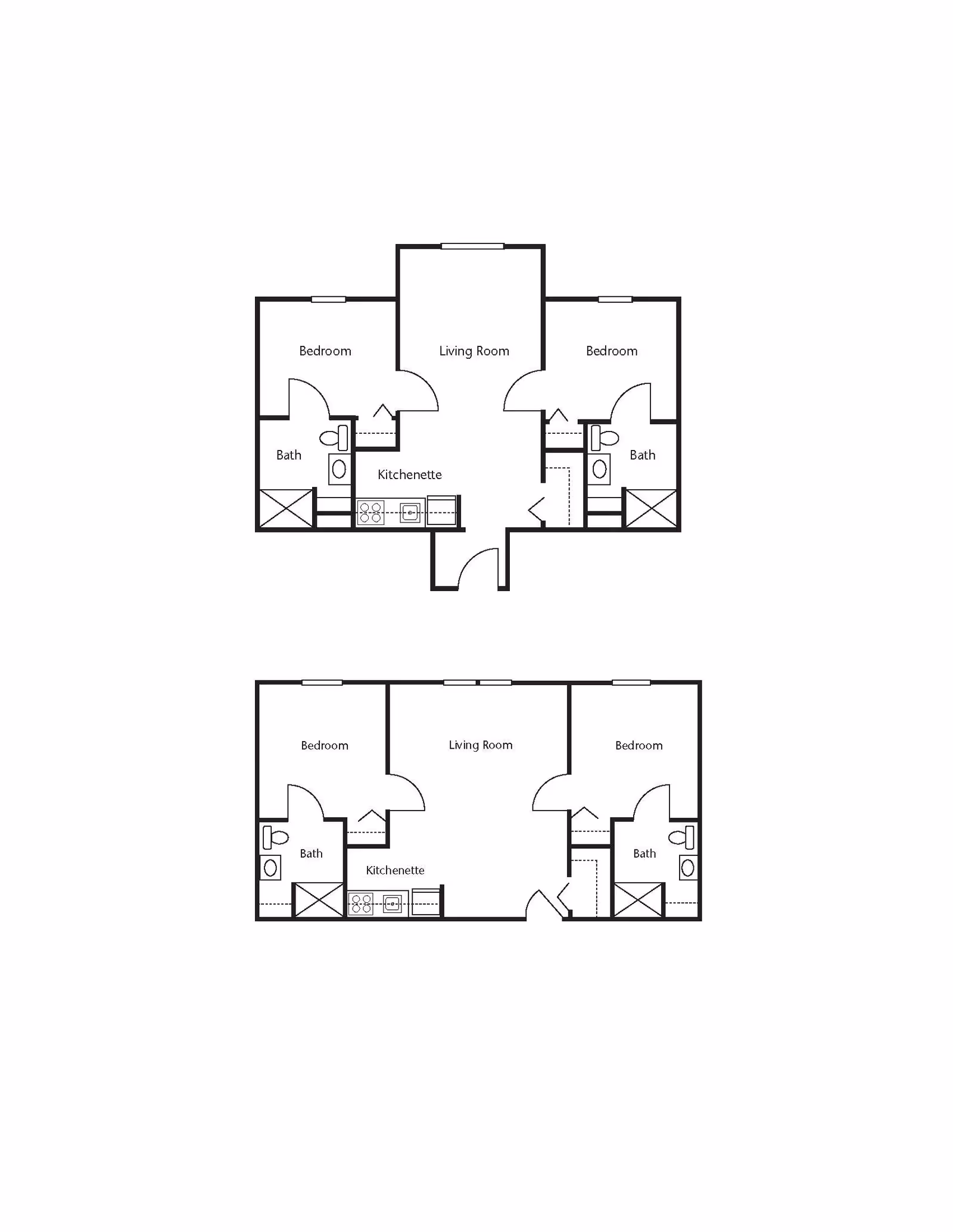 Two black and white architectural floor plans showing layouts with two bedrooms, two bathrooms, a kitchenette, and a living room each. The top floor plan has a more compact, square shape, while the bottom floor plan is more rectangular.