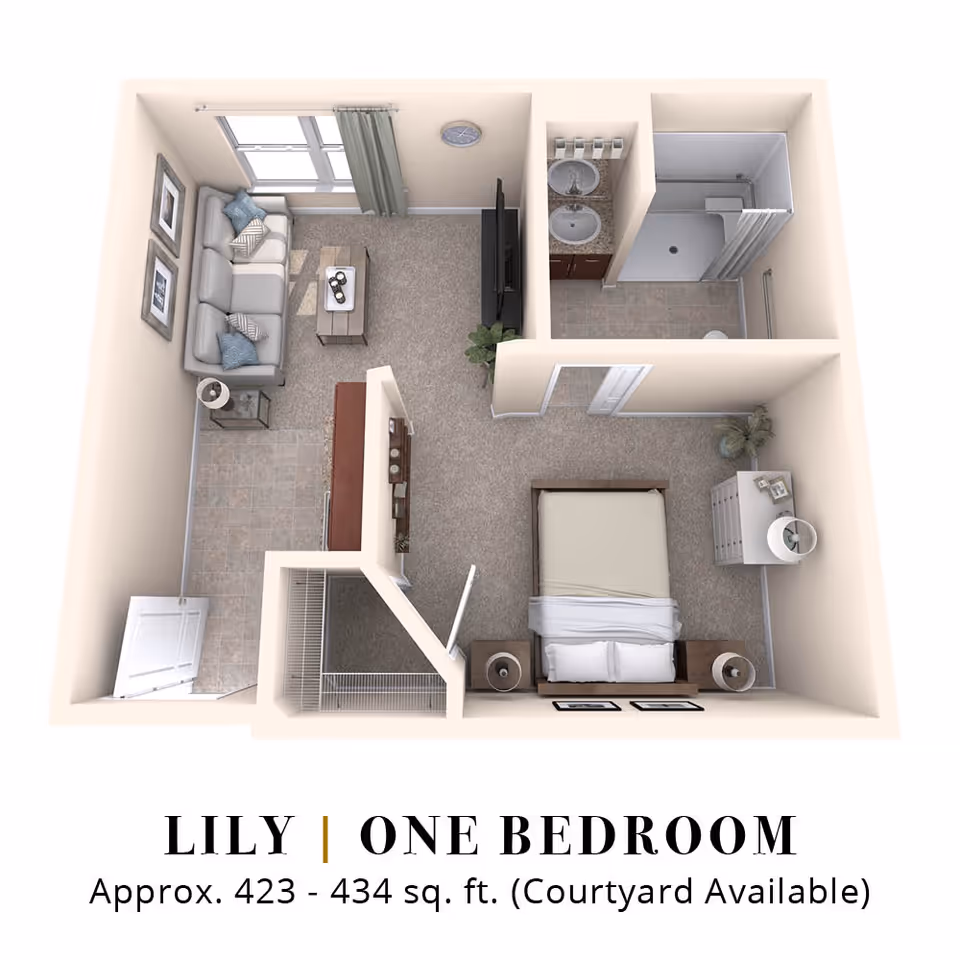 3D floor plan of a one-bedroom apartment named Lily, featuring a living room with a sofa, coffee table, TV, and side table, a bedroom with a bed, nightstands, and a dresser, and a bathroom with a shower, double sink vanity, and toilet. The entrance opens into a small tiled area with a closet nearby.