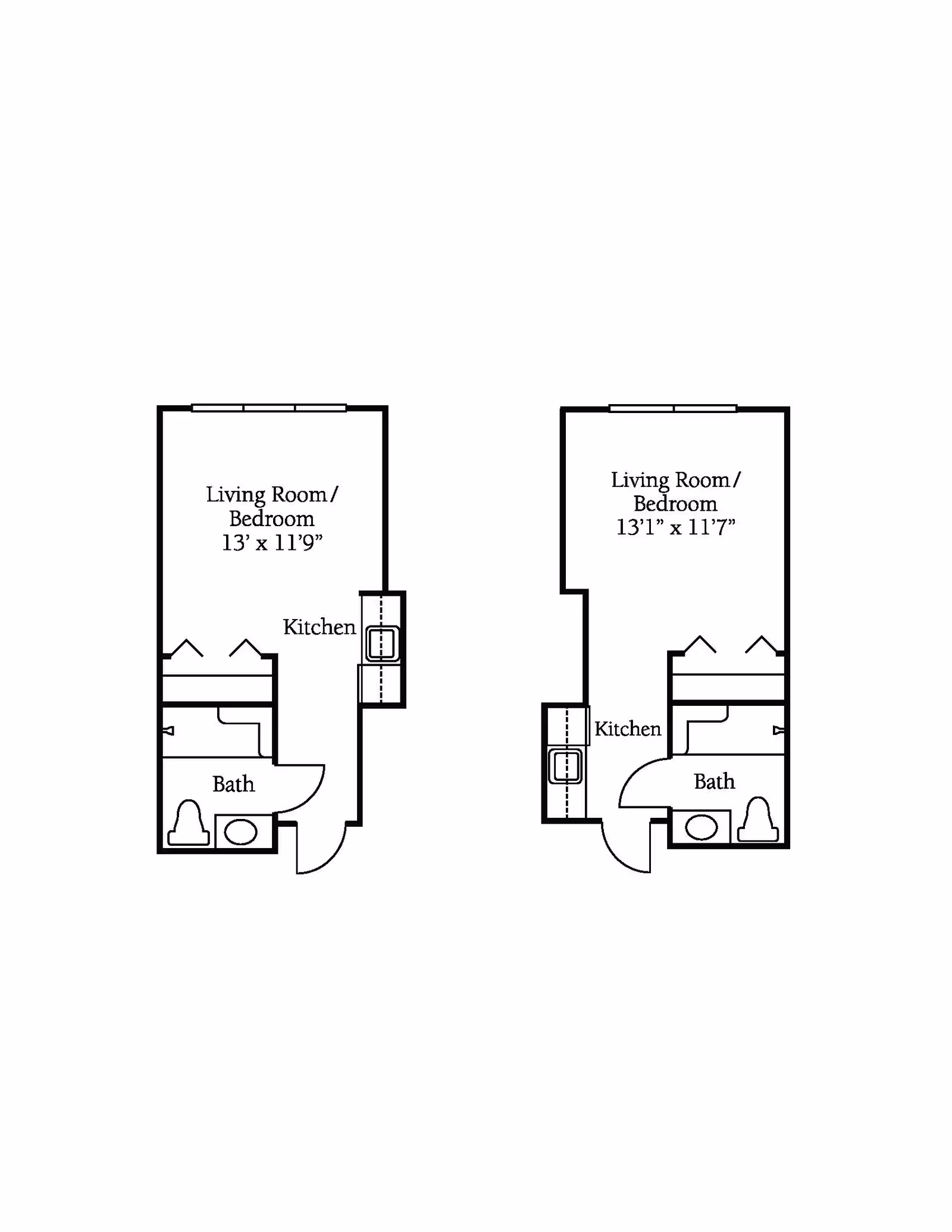 Two black-and-white studio floor plan layouts side-by-side showing living room/bedroom areas, kitchens, and bathrooms with dimensions.