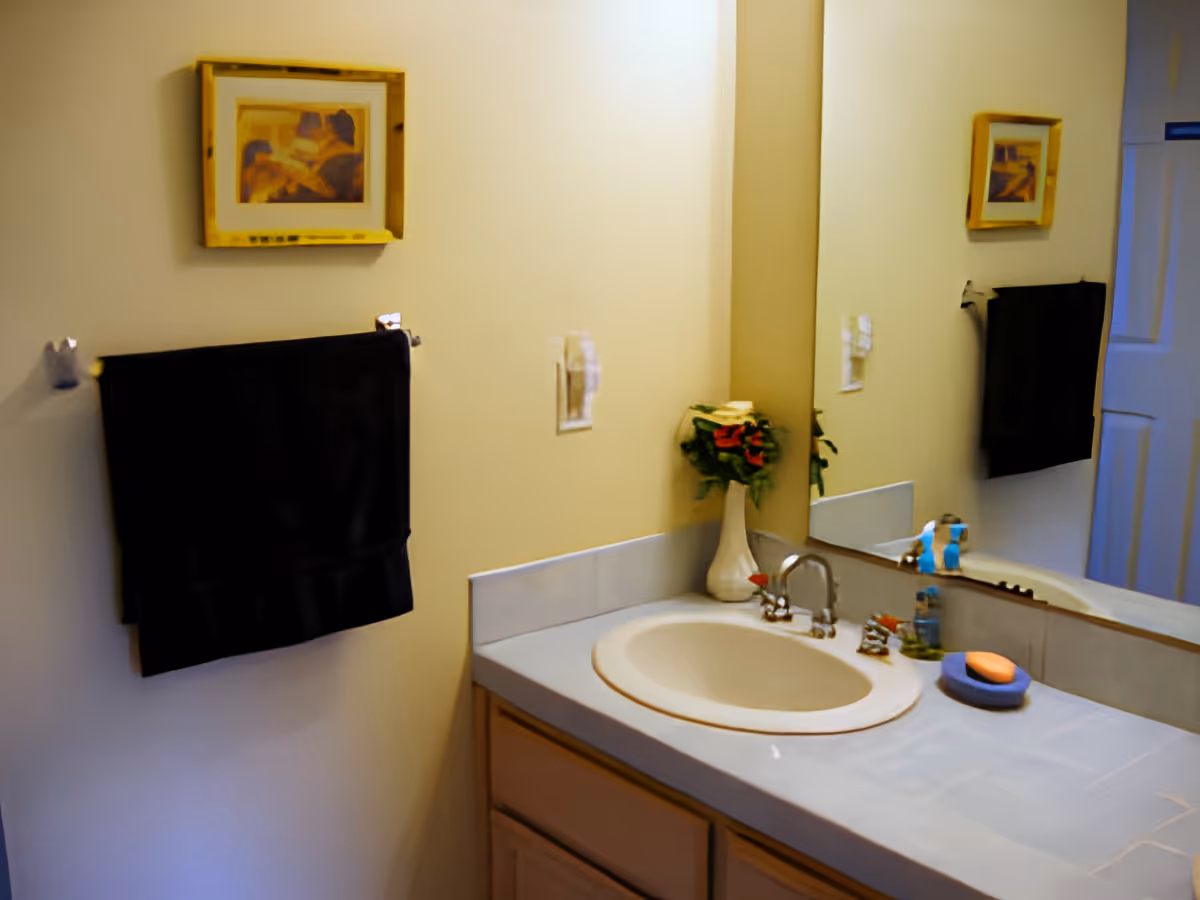 A bathroom sink area with a beige countertop and an oval sink. There is a silver faucet, a soap dish with an orange bar of soap, a small vase with flowers, and a hand soap dispenser on the counter. A large mirror is mounted on the wall above the sink, reflecting part of the room. A black towel hangs on a towel rack on the wall next to the sink, and a framed picture is hung above the towel.