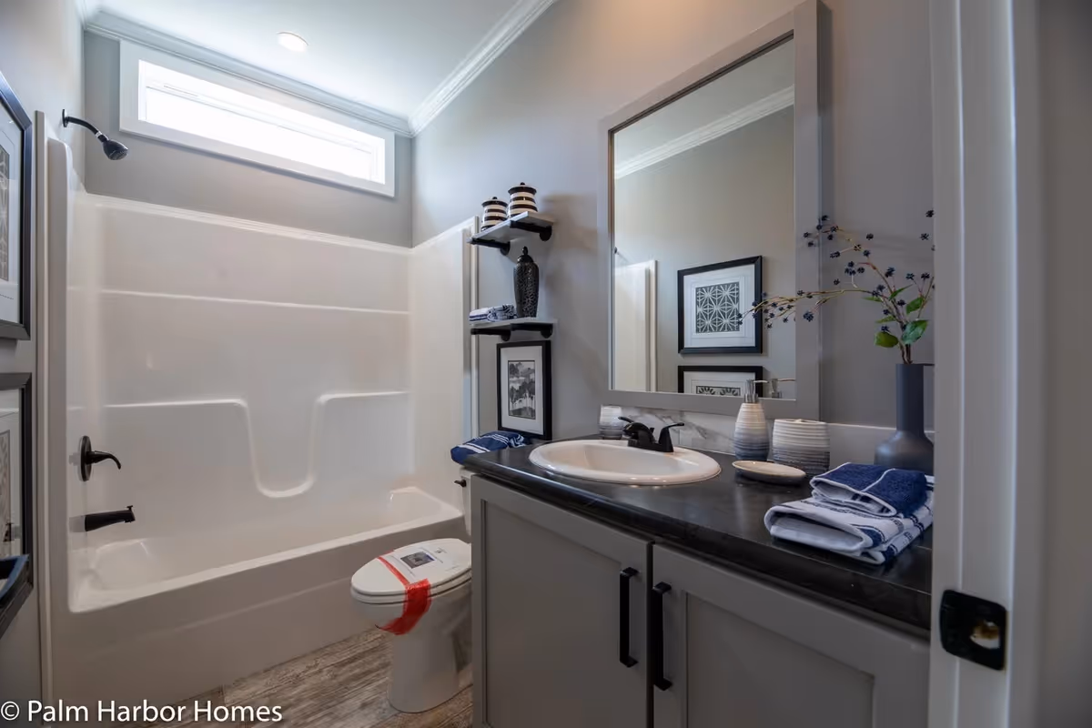 A modern bathroom with a white bathtub and shower combination, a toilet with a red seal, a black countertop with a white sink, a large mirror above the sink, decorative items including a vase with flowers, folded towels, and framed pictures on the wall.