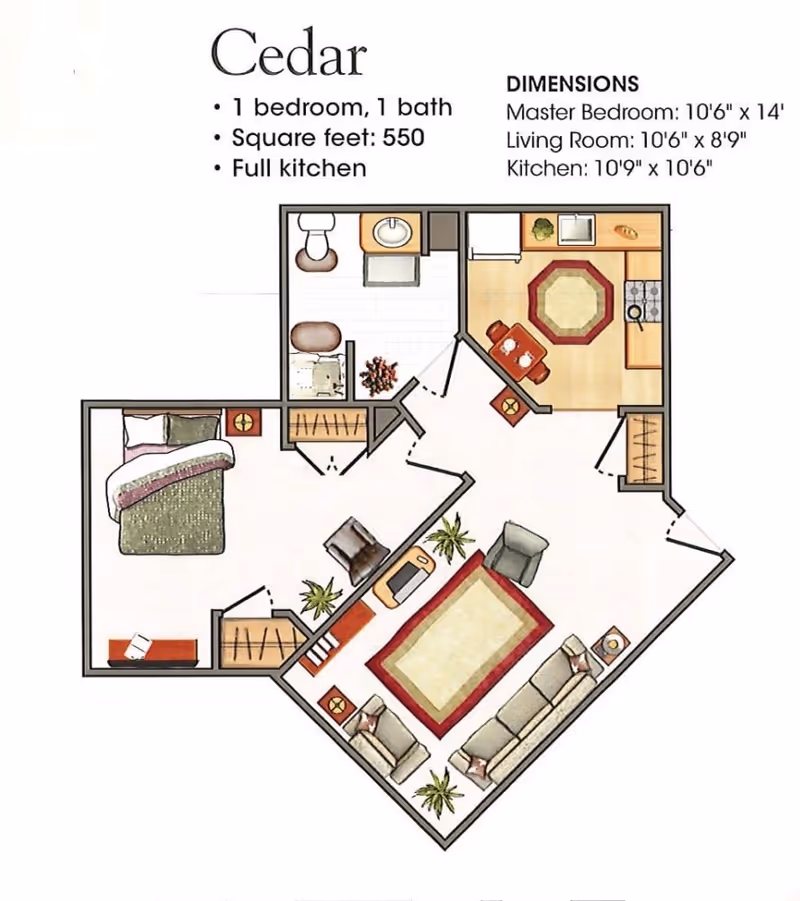 Floor plan of a one-bedroom, one-bath apartment named Cedar with 550 square feet. The layout includes a master bedroom, bathroom, living room, and full kitchen with dimensions provided for each room.