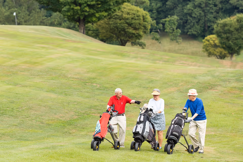 Three elderly people standing on a grassy golf course with golf bags on push carts. They are engaged in conversation, with one man pointing towards something in the distance. The background shows rolling green hills and trees.