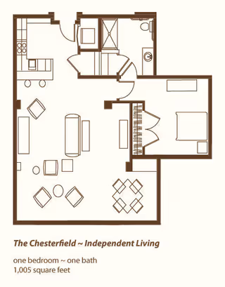 Floor plan titled 'The Chesterfield — Independent Living' showing a one-bedroom, one-bath 1,005 sq ft layout with a kitchen, combined living/dining area, and bedroom.