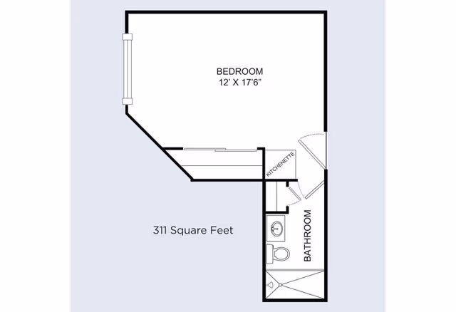 Floor plan of a 311 square feet living space at Barrington Terrace, showing a bedroom measuring 12 feet by 17 feet 6 inches, a kitchenette, and a bathroom with a sink, toilet, and shower.