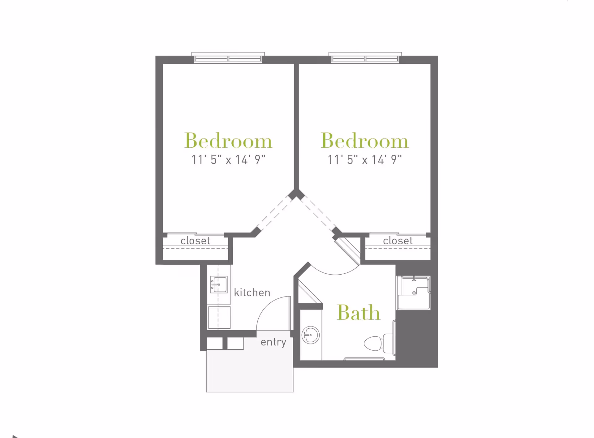 Floor plan showing two bedrooms each measuring 11'5" x 14'9", a kitchen, an entry area, and a bathroom with a sink, toilet, and bathtub. Each bedroom has a closet.