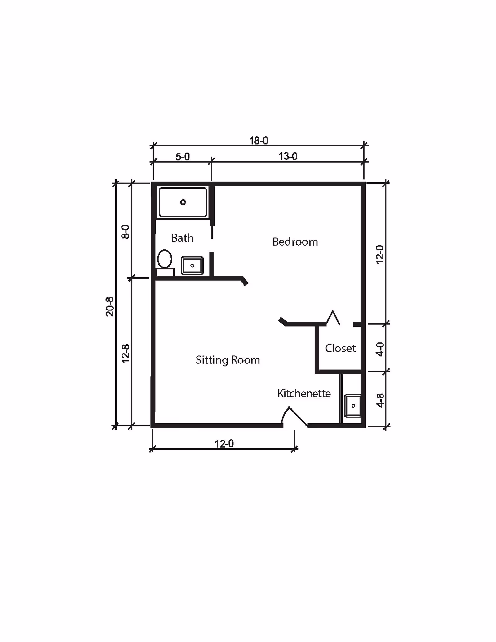 Architectural floor plan of a living space showing a bedroom, sitting room, bath, kitchenette, and closet with dimensions labeled in feet and inches.