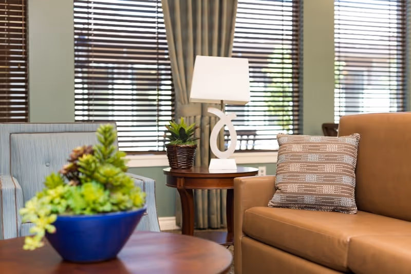 A cozy seating area with a tan leather sofa featuring a patterned cushion, a blue upholstered armchair, a wooden side table with a white modern lamp and a small potted plant, and a wooden coffee table with a blue bowl filled with green succulents. Behind the seating area are large windows with wooden blinds and green curtains.