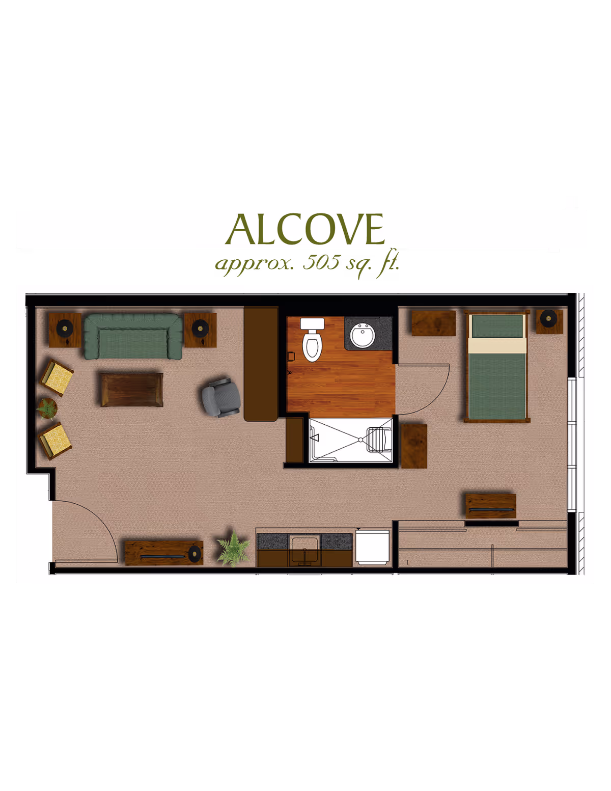 Top-down colored floor plan labeled "ALCOVE approx. 505 sq. ft." showing a living area, kitchenette, bathroom, and bedroom layout.