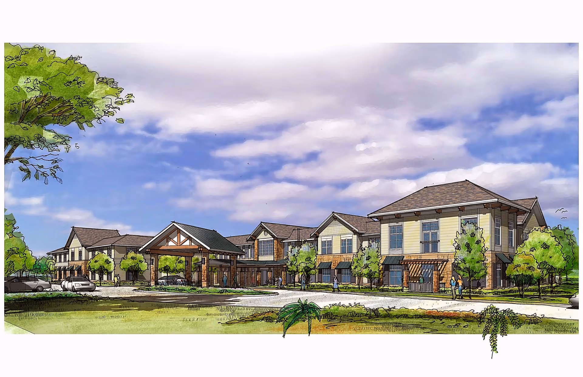 Illustration of a large two-story senior living facility building with a covered entrance, surrounded by trees and greenery under a partly cloudy sky.