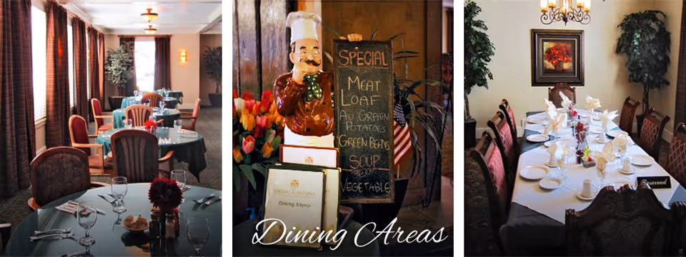 Three-panel image showing decorated dining rooms with set tables and a central menu board reading "Dining Areas".