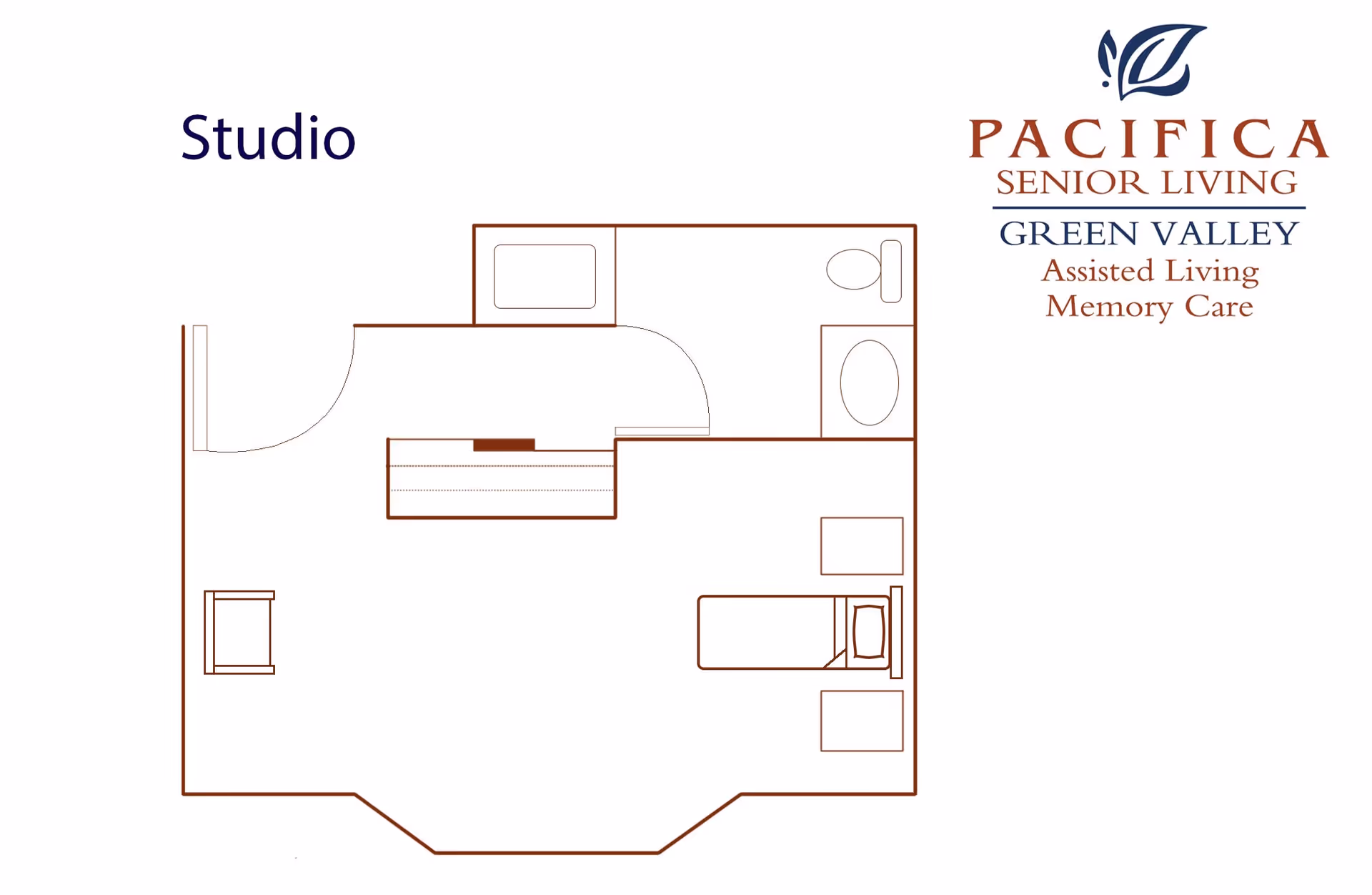 Floor plan of a studio apartment at Pacifica Senior Living Green Valley showing a combined living and sleeping area with a bed, two side tables, a chair, a kitchenette, and a bathroom with a toilet and bathtub.