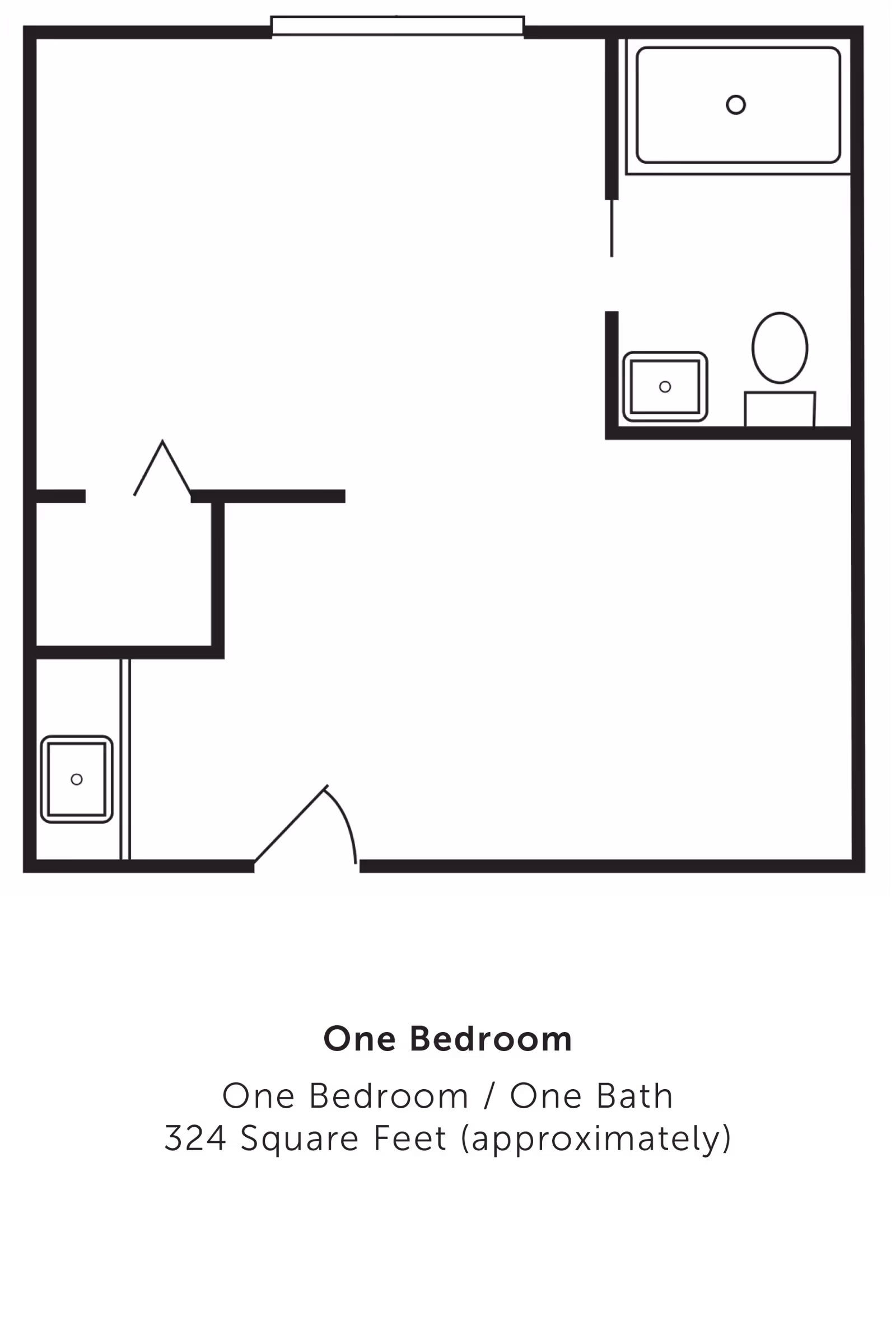 Black-and-white floor plan diagram of a one-bedroom, one-bath apartment showing room layout, bathroom fixtures, and an entry door.