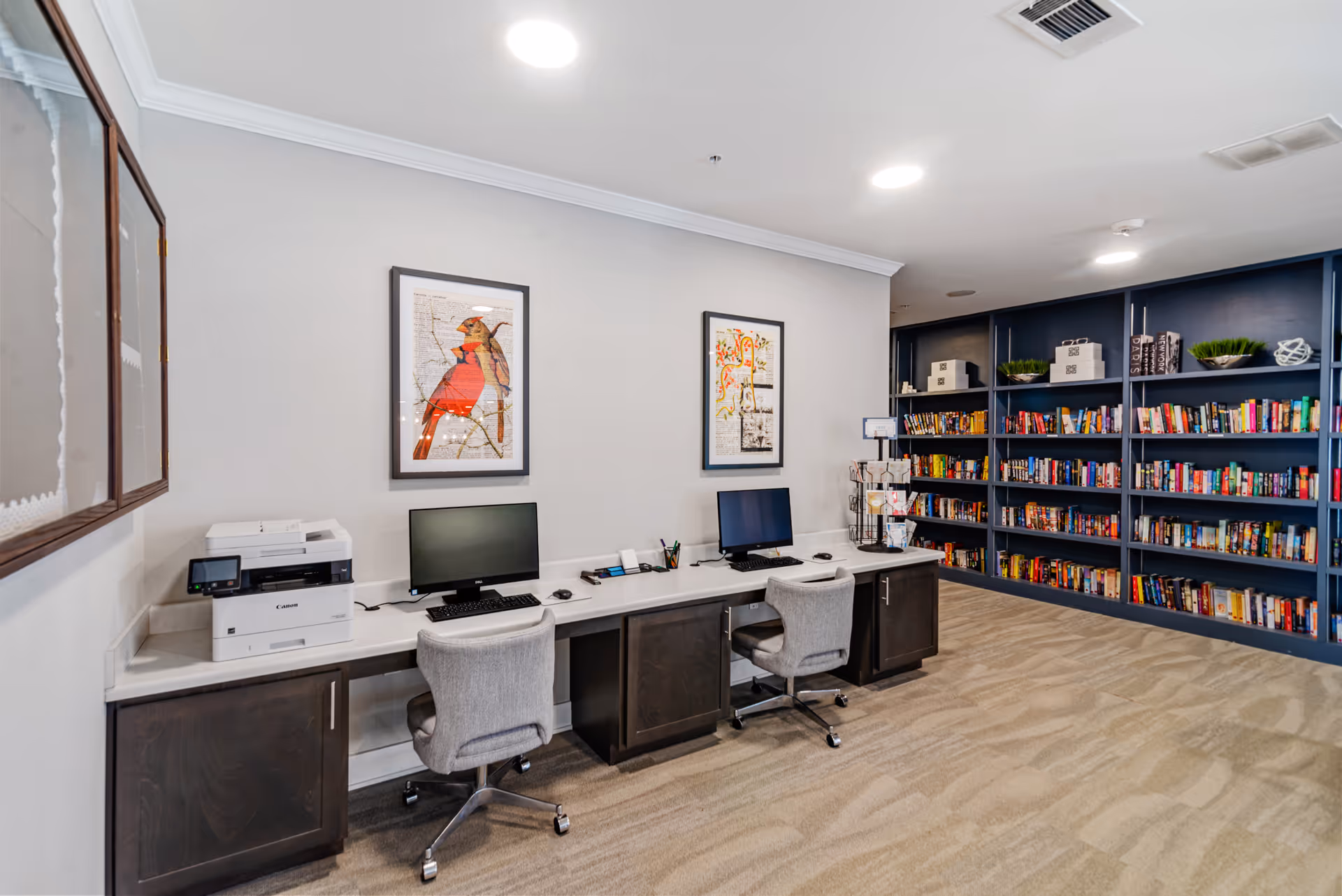 A well-lit room with a long desk featuring two computer workstations and a printer. Two gray swivel chairs are positioned at the desk. On the wall above the desk are two framed artworks depicting birds. To the right, there is a large blue bookshelf filled with books and decorative items. The room has beige carpet flooring and white walls with crown molding.