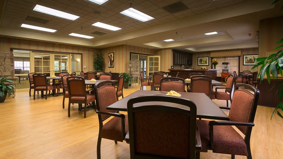 A spacious dining room in a senior living facility with multiple tables and cushioned chairs arranged neatly. The room has wooden flooring, warm lighting from ceiling fixtures, and decorative plants and artwork on the walls. There is a counter area in the back with flowers and additional seating.