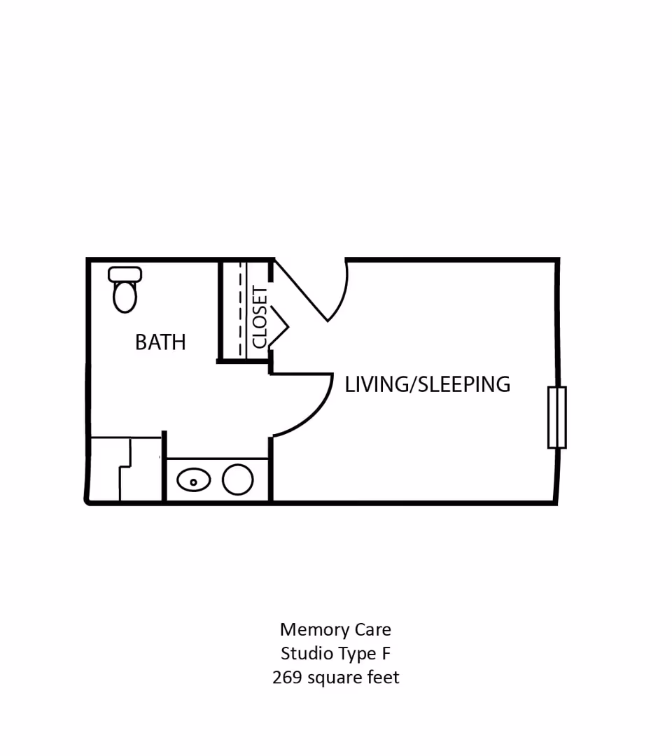 Floor plan of a Memory Care studio apartment labeled Studio Type F with 269 square feet. The layout includes a combined living and sleeping area, a closet, and a bathroom with a toilet and sink.