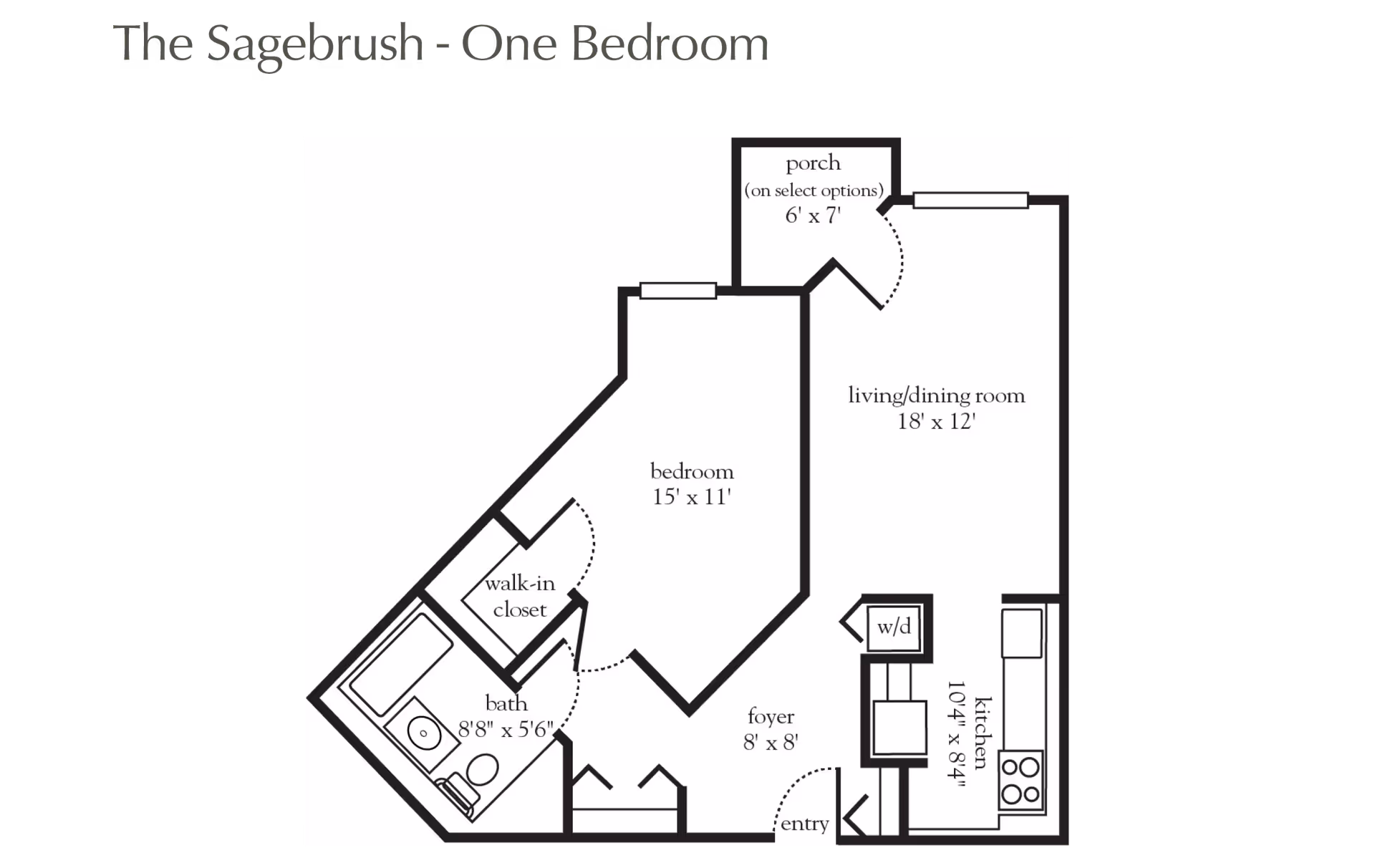 Floor plan of The Sagebrush one-bedroom apartment at Atria Woodlands, showing a bedroom, walk-in closet, bathroom, foyer, kitchen, living/dining room, and optional porch with dimensions.