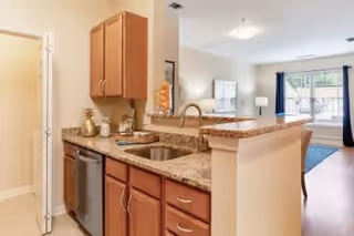 Interior view of a senior living facility apartment featuring a kitchen area with granite countertops, a stainless steel sink, wooden cabinets, and a dishwasher. In the background, there is a living room area with a large window covered by curtains, a lamp, and a blue rug on the floor.