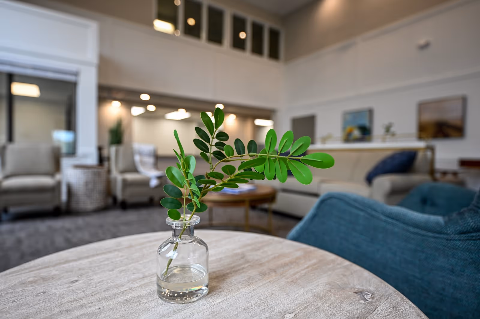 A close-up of a small glass vase with green leafy branches on a wooden table in a senior living facility's lounge area. In the background, there are beige and blue upholstered chairs and sofas, a round wooden coffee table, and framed artwork on the walls. The room has high ceilings with windows near the top and soft lighting.
