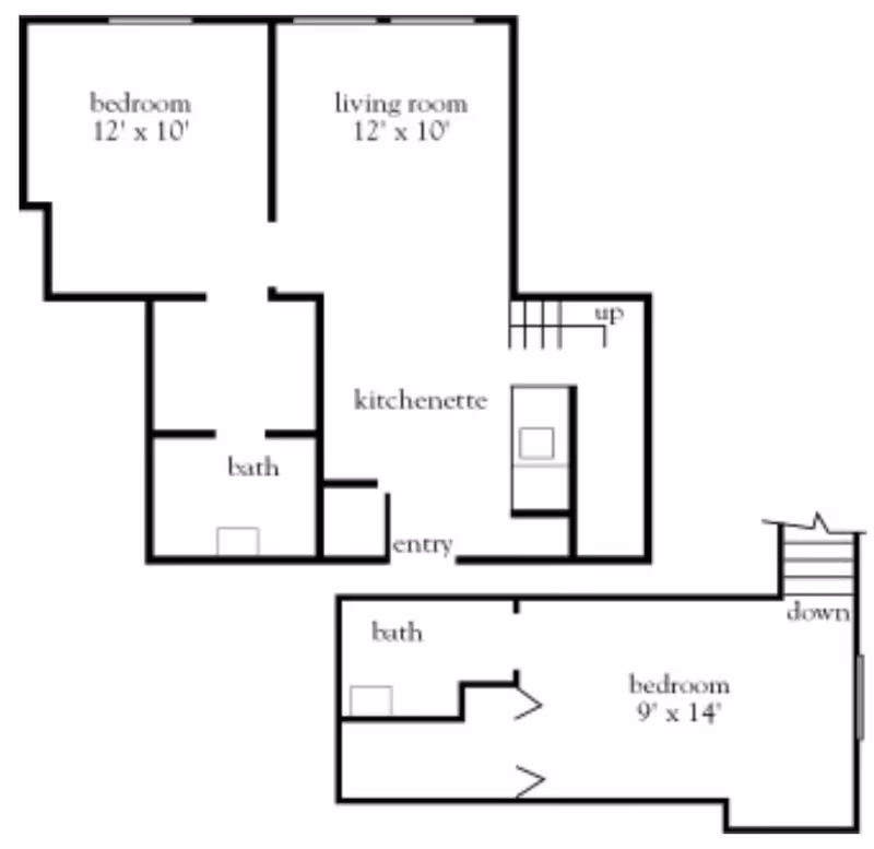 Black and white architectural floor plan showing a two-level layout with labeled rooms including two bedrooms, two bathrooms, a living room, a kitchenette, and entry area. The upper level has a bedroom measuring 12 by 10 feet, a living room 12 by 10 feet, a bath, kitchenette, and entry. The lower level has a bedroom measuring 9 by 14 feet and a bath, with stairs labeled up and down connecting the two levels.